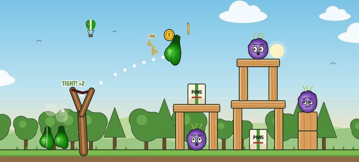 Sack Attack gameplay: a green $NUTS nut flying off the slingshot toward a wooden tower of Smells